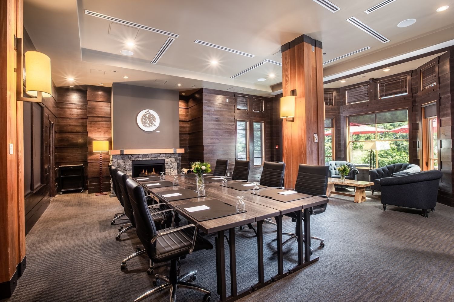 Library common area at Nita Lake Lodge with timber millwork, built by Burj Enterprises