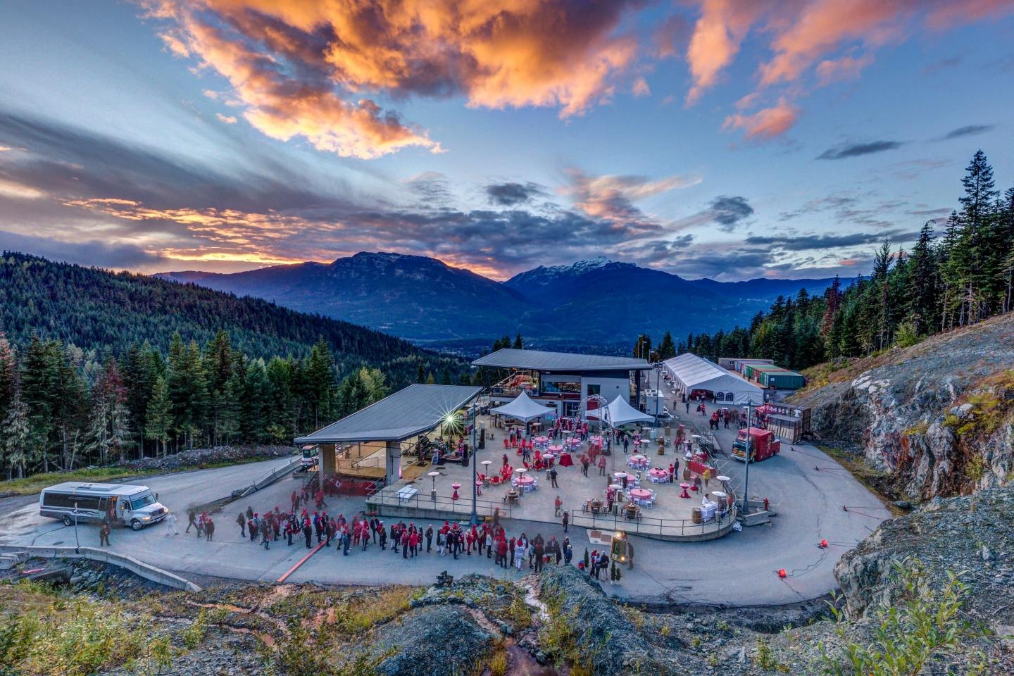 Mountain venue built by Burj Enterprises with the Coast Mountains behind at sunset